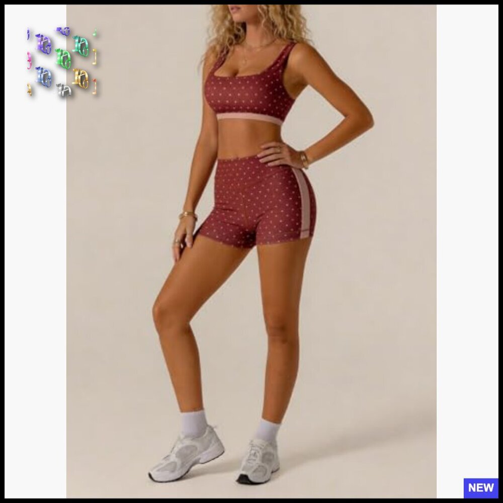 Polka Dot Workout Set 2 Piece Yoga Outfit Bra Tank High Waisted Shorts - Picture 3 of 4
